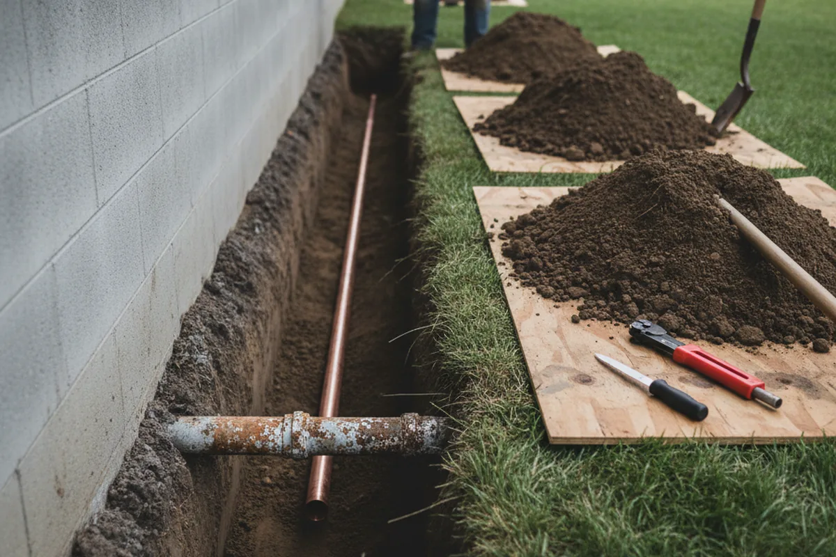 Excavated water line trench during Sewer Line Repair in Tulare